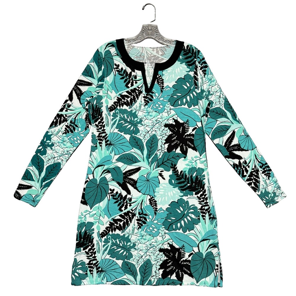 Coolibar Tropical Dress UPF 50 Resortwear Botanical Palm Leaf Coastal Green Sz S